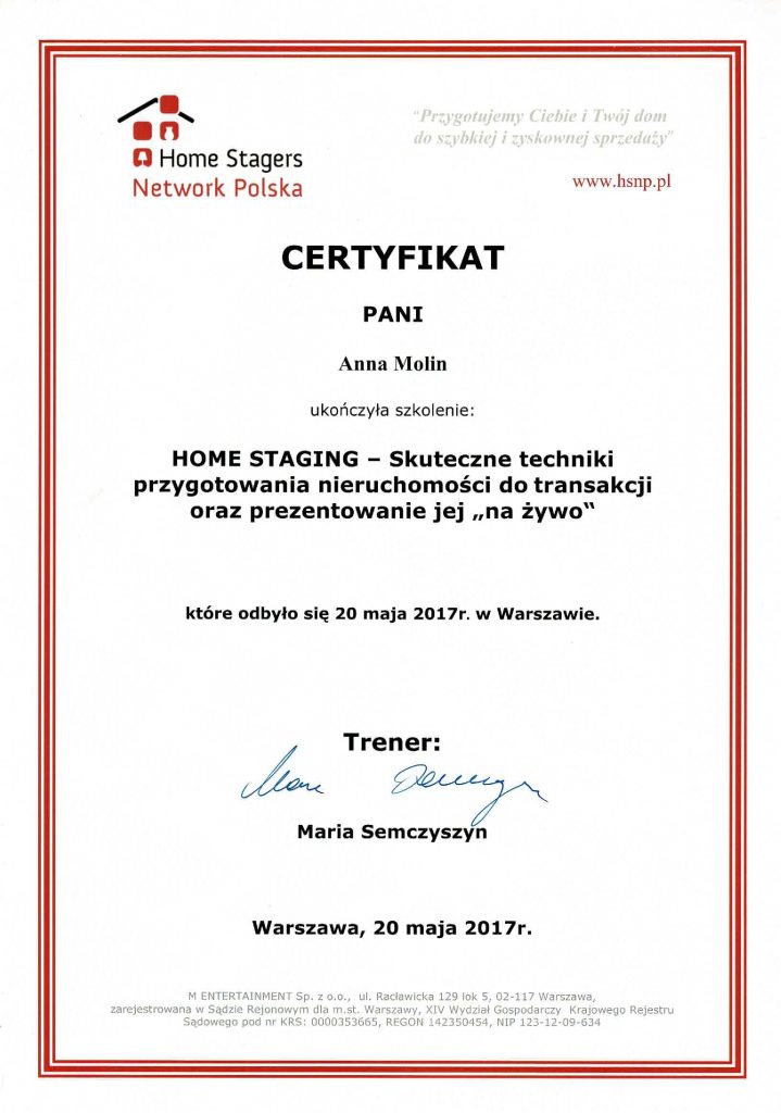 Certyfikat ukończenia szkolenia Home Staging -Anna Molin 